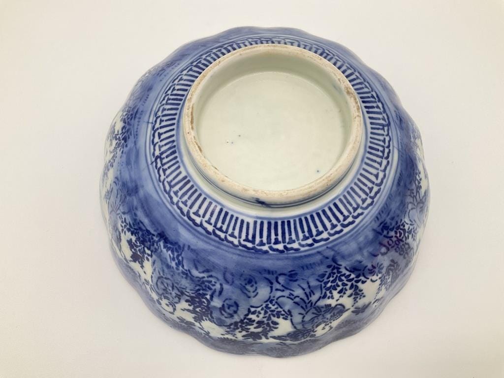 Antique Japanese Blue and White Porcelain Bowl, Scalloped Rim, Katagami Style, Decorative Bowl
