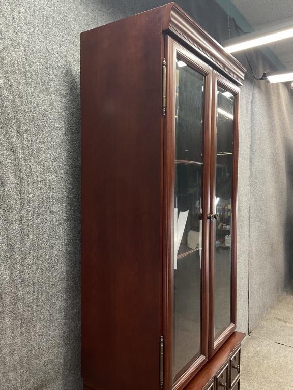 Vintage Bombay Company Apothecary Style Display Cabinet, Glass Door Bookcase with Two Large Drawers, Traditional Wood Storage Hutch