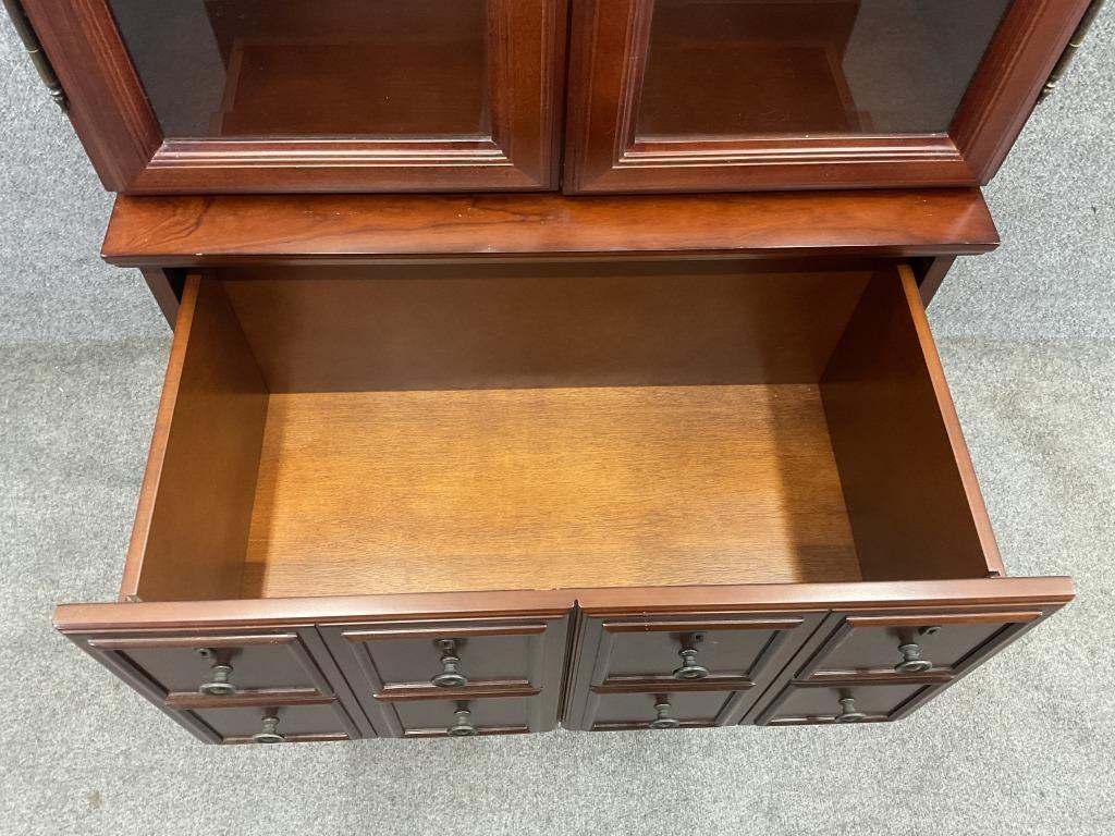 Vintage Bombay Company Apothecary Style Display Cabinet, Glass Door Bookcase with Two Large Drawers, Traditional Wood Storage Hutch