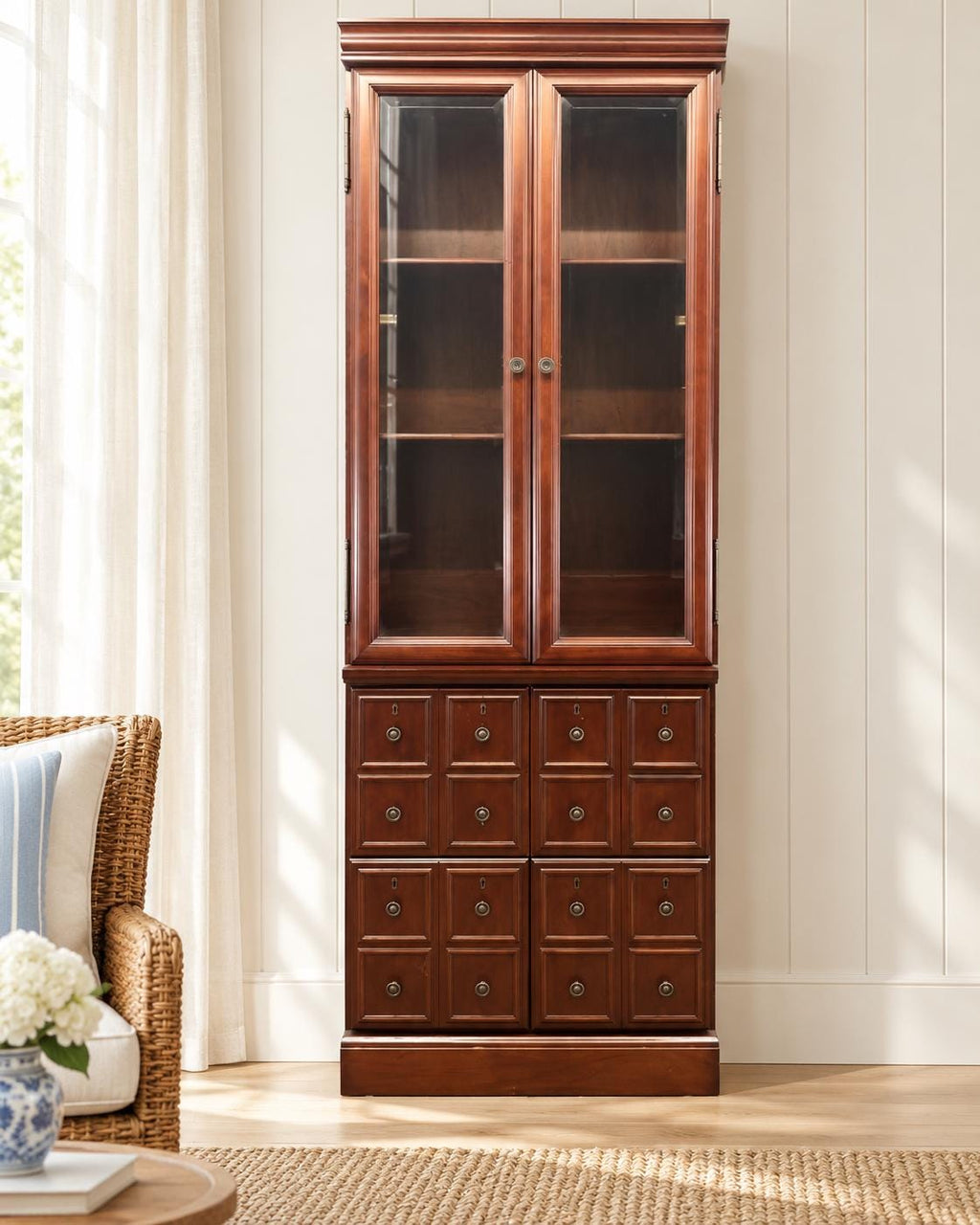 Vintage Bombay Company Apothecary Style Display Cabinet, Glass Door Bookcase with Two Large Drawers, Traditional Wood Storage Hutch