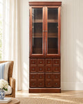 Vintage Bombay Company Apothecary Style Display Cabinet, Glass Door Bookcase with Two Large Drawers, Traditional Wood Storage Hutch