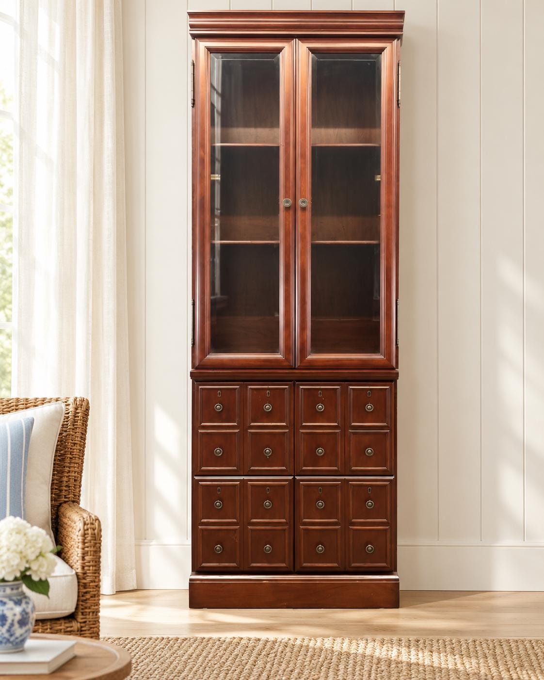Vintage Bombay Company Apothecary Style Display Cabinet, Glass Door Bookcase with Two Large Drawers, Traditional Wood Storage Hutch