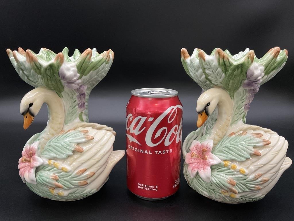 Vintage Fitz and Floyd Classics Swan Candleholders, Glazed Ceramic, 7-Inch Tall