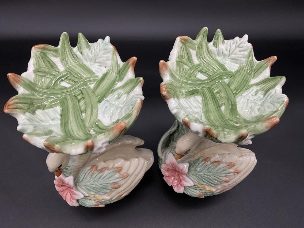 Vintage Fitz and Floyd Classics Swan Candleholders, Glazed Ceramic, 7-Inch Tall