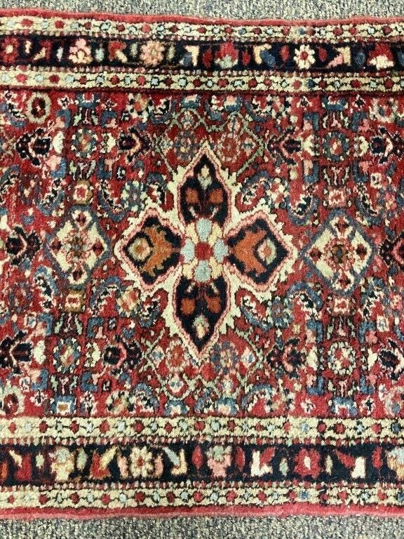 Vintage Hand-Knotted Kitchen Rug, Brick-Red Floral Medallion, 31x50 Inches