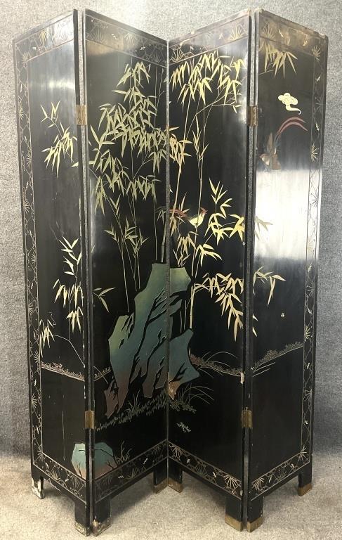 Vintage Chinoiserie Folding Screen, 4 Panel Room Divider, Gold & Black Lacquer, Birds and Flowers, Coromandel Style