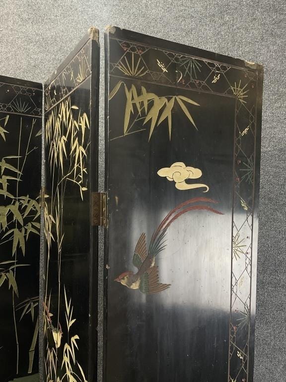 Vintage Chinoiserie Folding Screen, 4 Panel Room Divider, Gold & Black Lacquer, Birds and Flowers, Coromandel Style