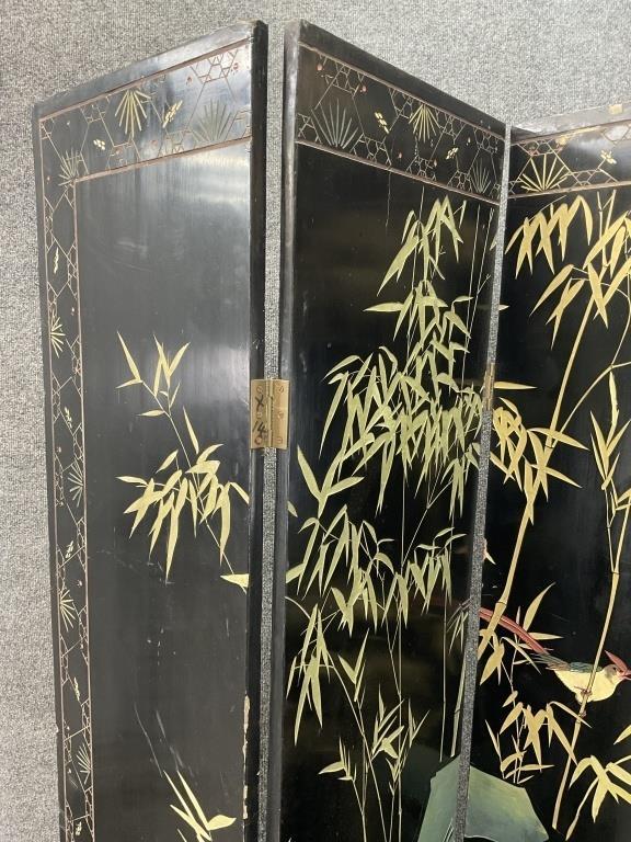 Vintage Chinoiserie Folding Screen, 4 Panel Room Divider, Gold & Black Lacquer, Birds and Flowers, Coromandel Style