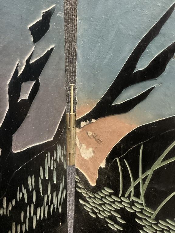 Vintage Chinoiserie Folding Screen, 4 Panel Room Divider, Gold & Black Lacquer, Birds and Flowers, Coromandel Style
