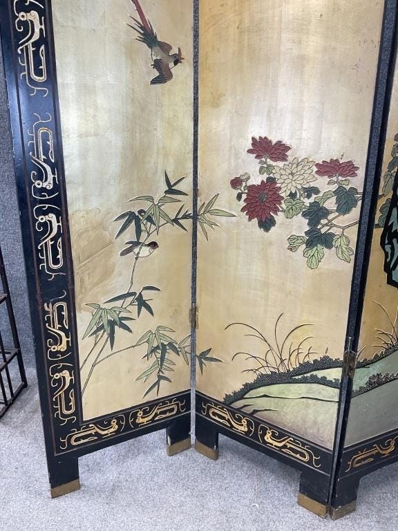 Vintage Chinoiserie Folding Screen, 4 Panel Room Divider, Gold & Black Lacquer, Birds and Flowers, Coromandel Style
