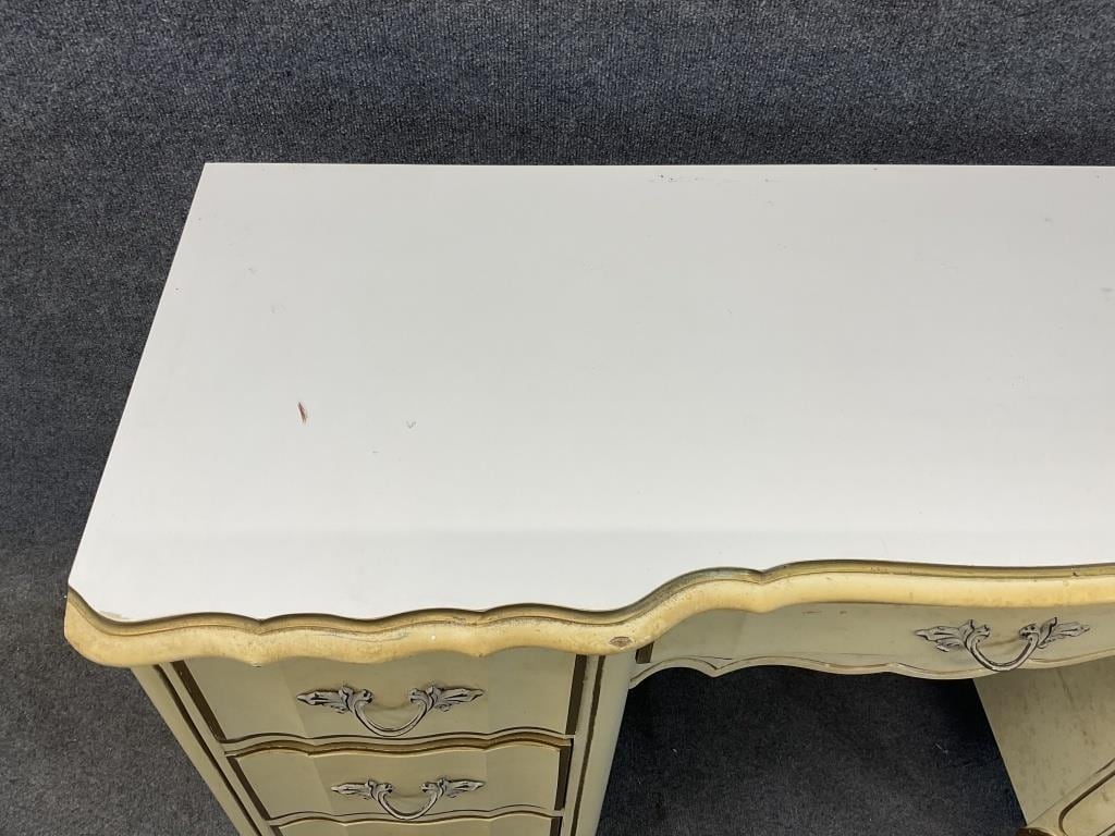 Vintage French Provincial Desk, Cream Finish, Seven Drawers