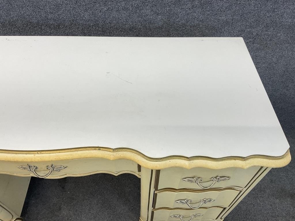 Vintage French Provincial Desk, Cream Finish, Seven Drawers