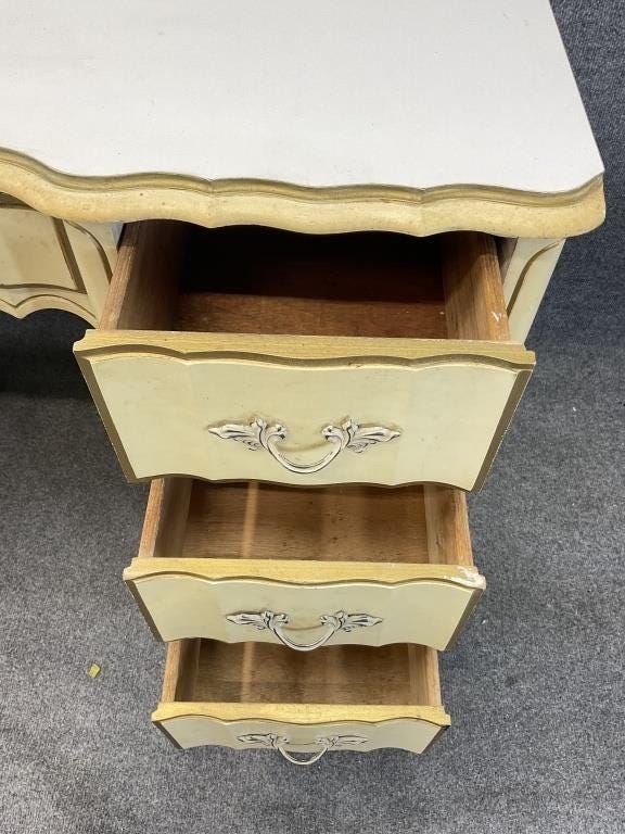 Vintage French Provincial Desk, Cream Finish, Seven Drawers