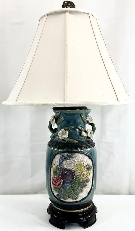 Turquoise Chinoiserie Ceramic Table Lamp, Crackle Glaze Urn with Raised Floral Decoration, Wood Base