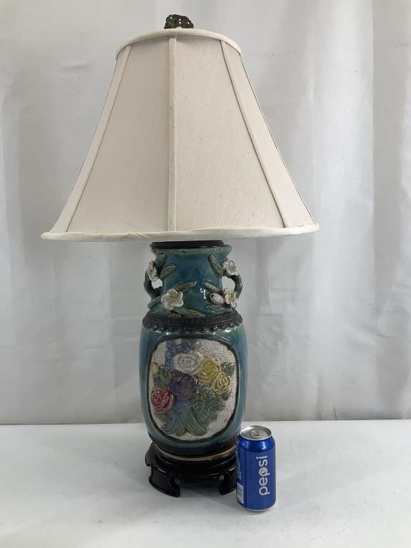 Turquoise Chinoiserie Ceramic Table Lamp, Crackle Glaze Urn with Raised Floral Decoration, Wood Base