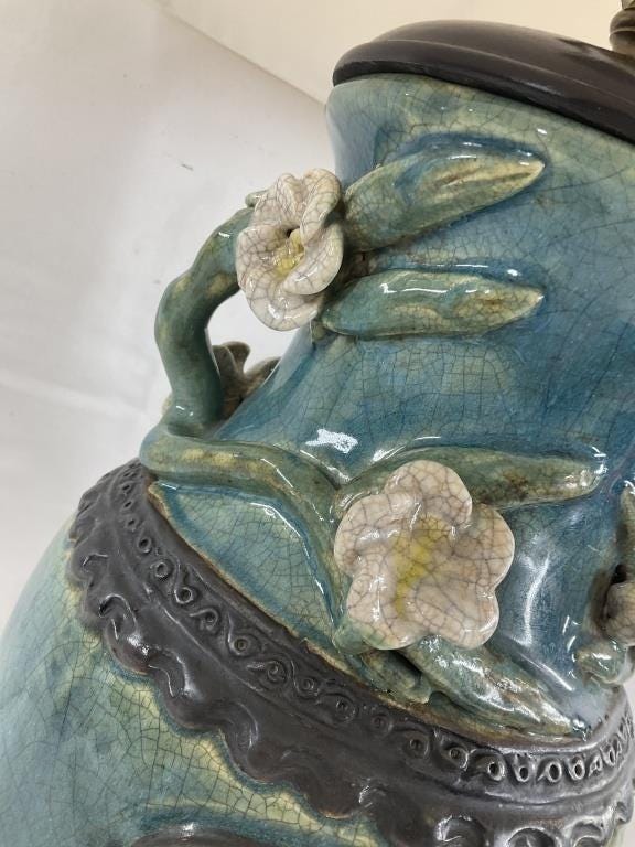 Turquoise Chinoiserie Ceramic Table Lamp, Crackle Glaze Urn with Raised Floral Decoration, Wood Base