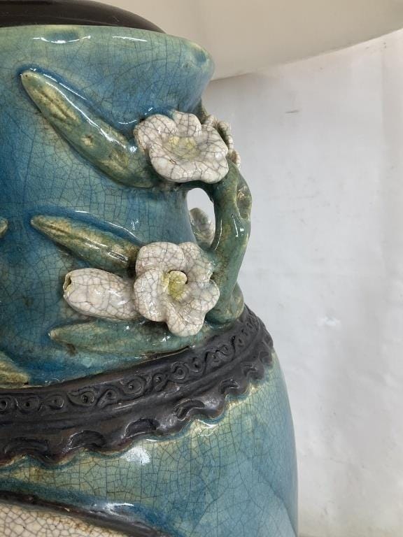 Turquoise Chinoiserie Ceramic Table Lamp, Crackle Glaze Urn with Raised Floral Decoration, Wood Base