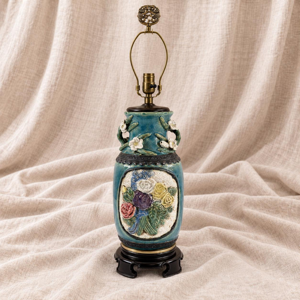 Turquoise Chinoiserie Ceramic Table Lamp, Crackle Glaze Urn with Raised Floral Decoration, Wood Base