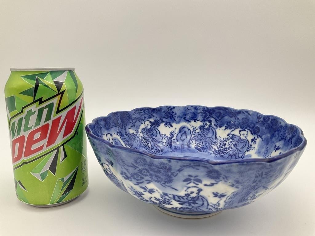 Antique Japanese Blue and White Porcelain Bowl, Scalloped Rim, Katagami Style, Decorative Bowl