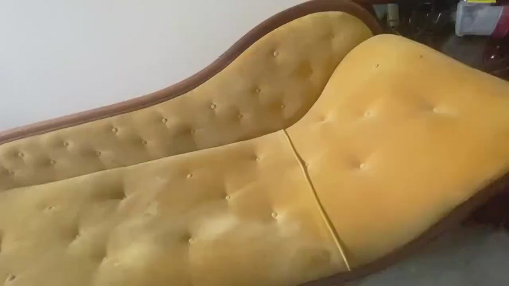 Victorian Tufted Chaise Longue | Hand-Carved Frame, Original Velvet, c. 1870 | Needs Reupholstery