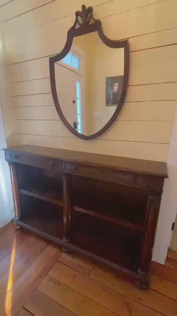 Vintage Theodore Alexander Flame Mahogany Console Bookcase with Drawers, Neoclassical Column Shelving Unit, Vintage Luxury Storage Cabinet